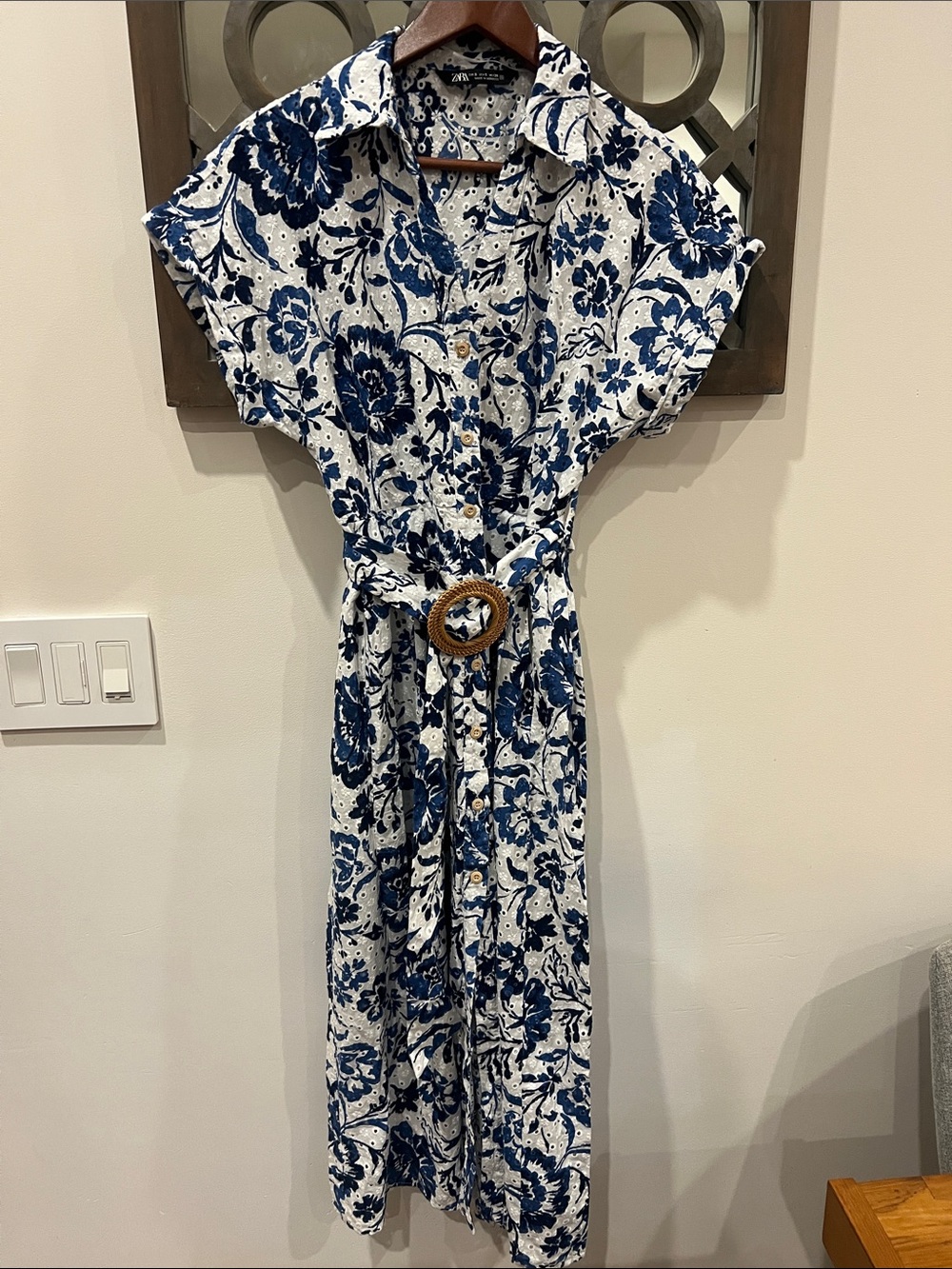 Zara Blue and White Floral Shirt‑Style Midi Dress